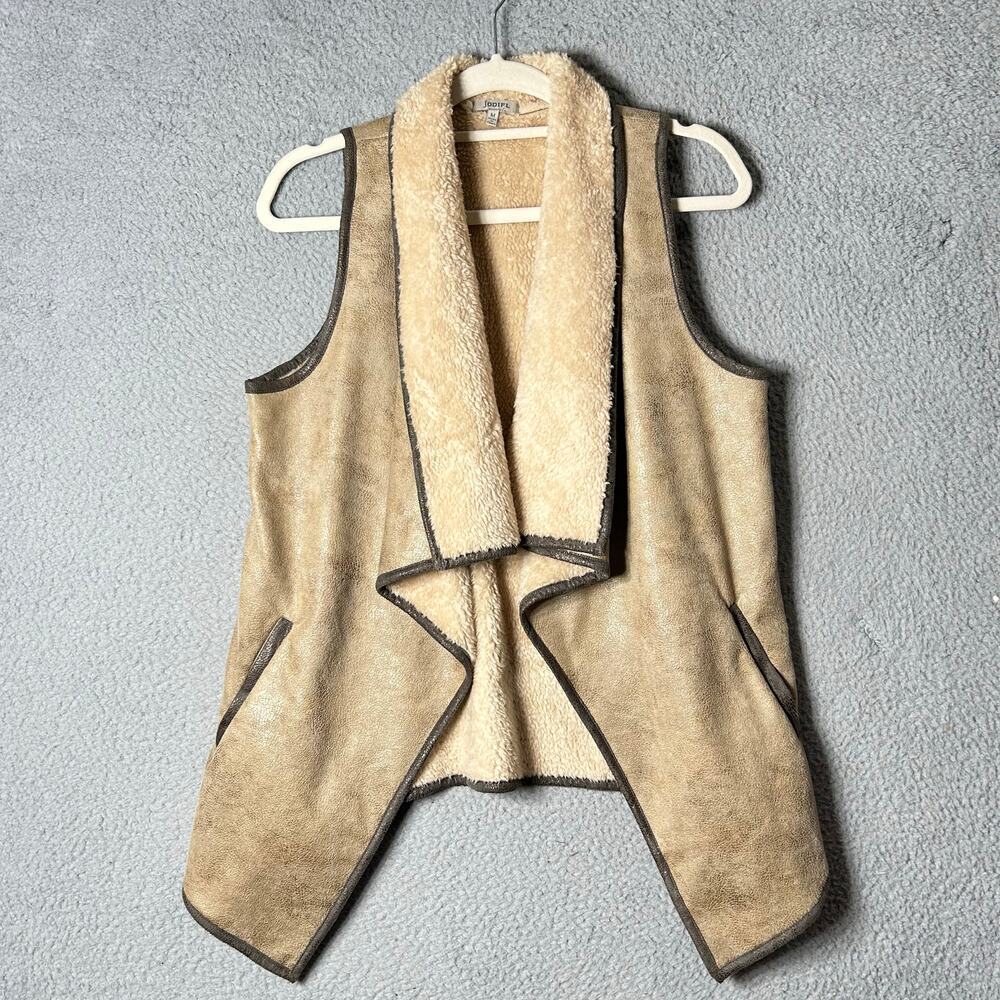 Jodifl Vest Womens M Tan Long Waterfall Front Sleeveless‎ Faux Fur Vest